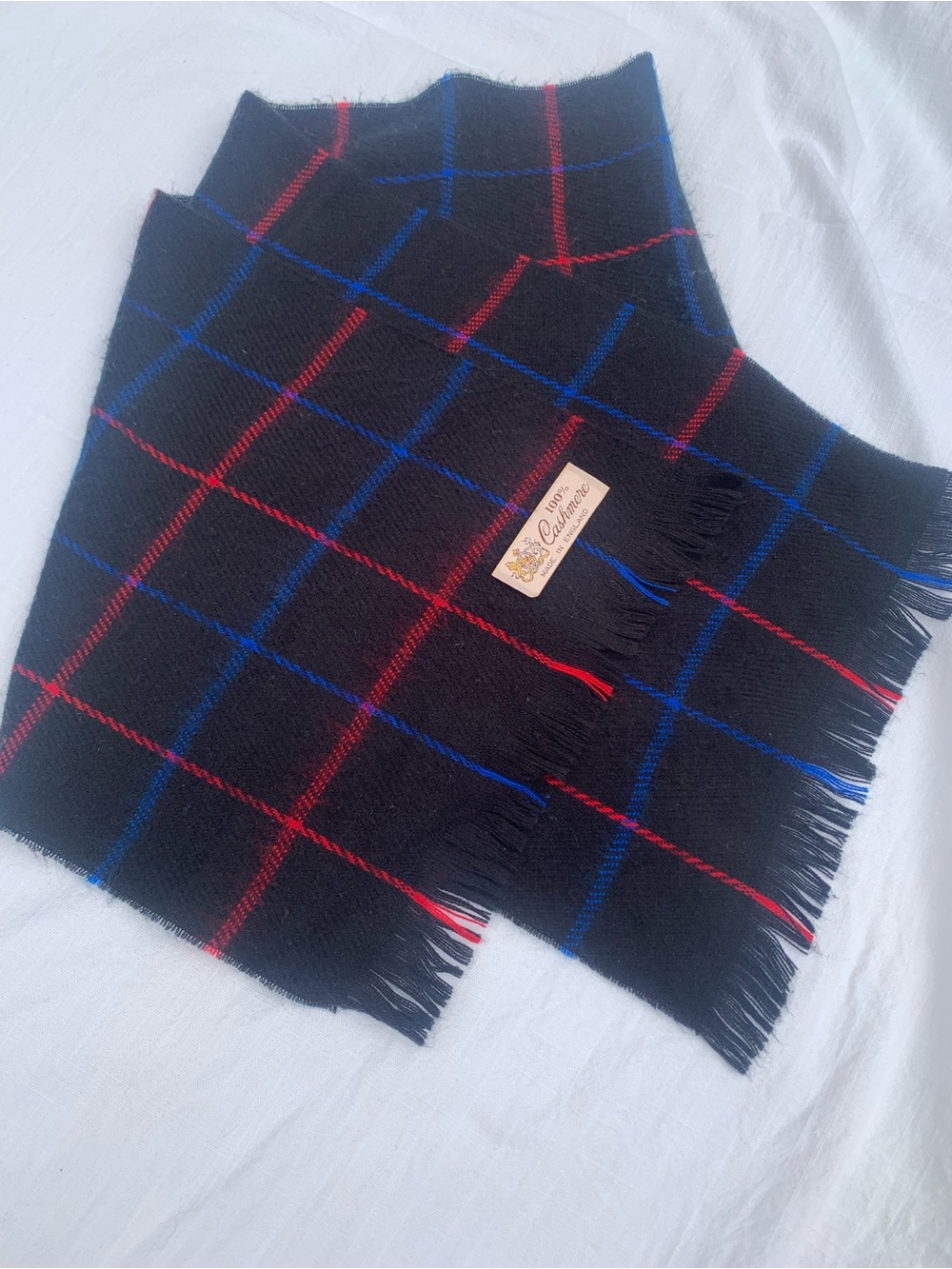 Vintage 100% Cashmere Scarf Made in England Plaid Tartan Black Blue Red 52"x12"